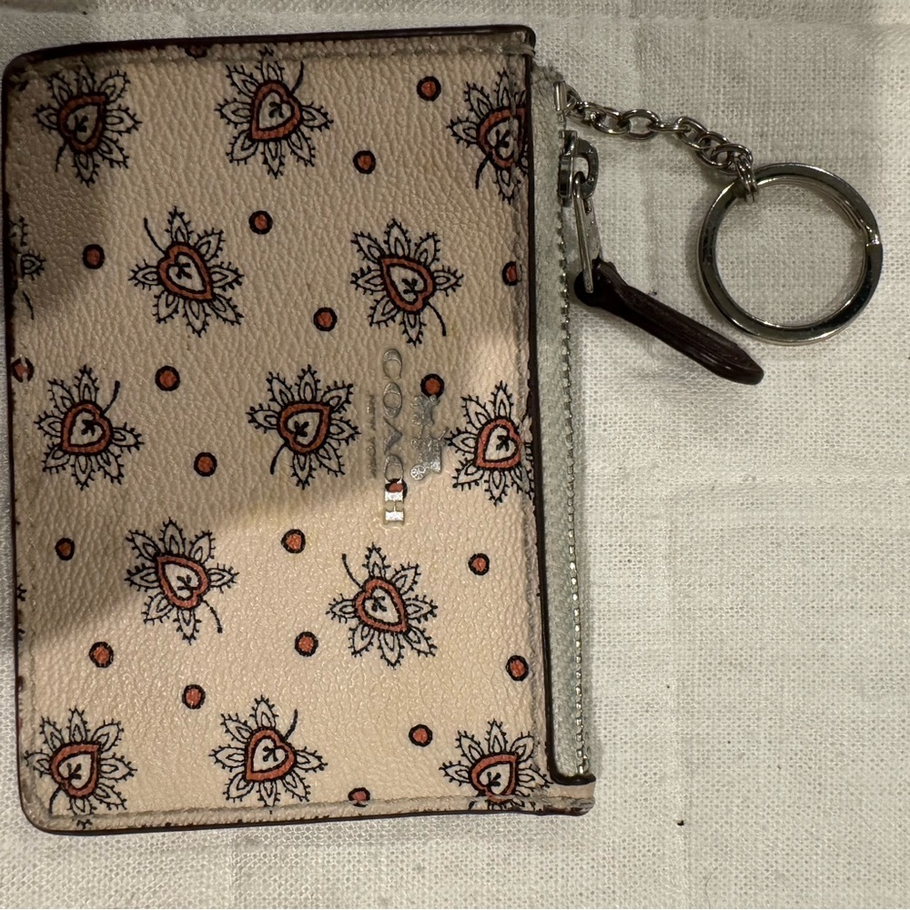 Coach Beige and Brown Heart Pattern Keychain Wallet